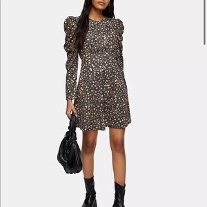 TOPSHOP NWT❗️ruched sleeve mini dress with ruffle hem in multi